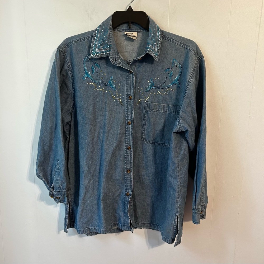 Embroidered Denim Shirt with Beaded Details women’s 1x. Dolphin bedazzled ocean.
